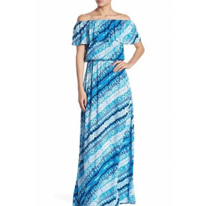 NEW The Vanity Room Women's Size Small Blue Ruffle Off the Shoulder Maxi Dress